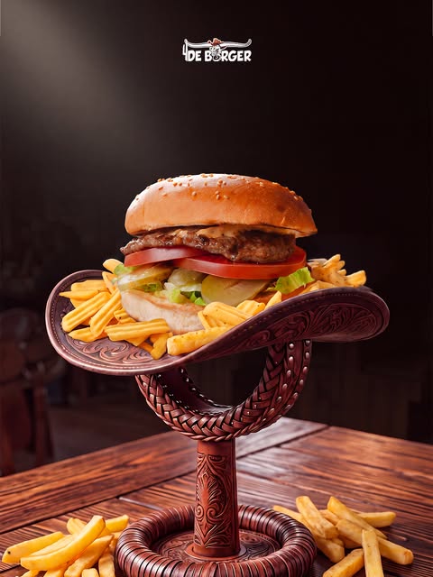 De Burger hamburger ve patates sunumu
