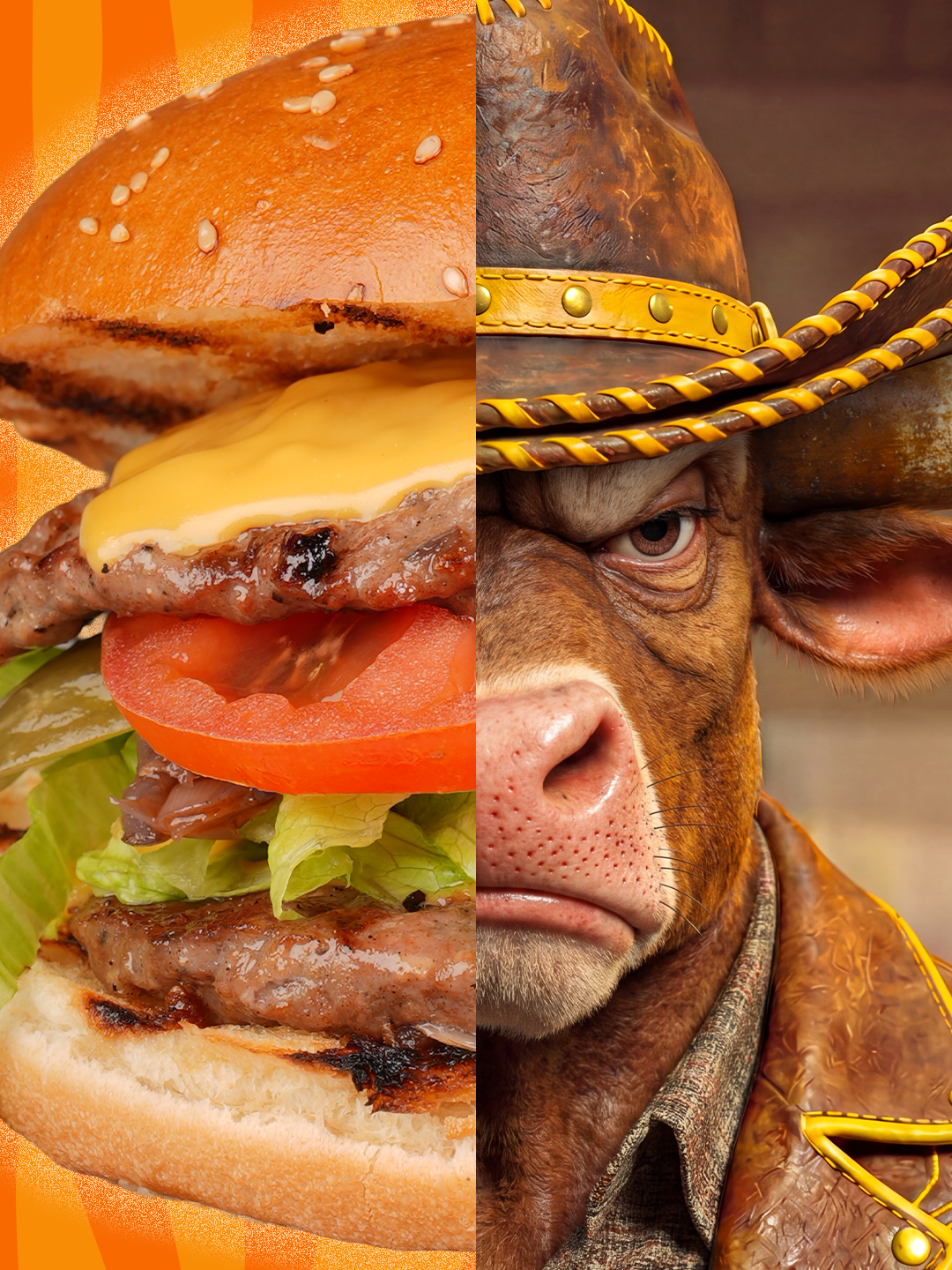De Burger hamburgeri ve kovboy boğa karakteri